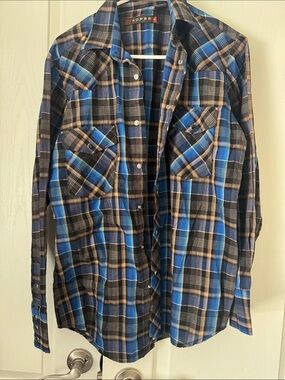 Roper Men's Blue and Tan Plaid Western Button-Down Shirt